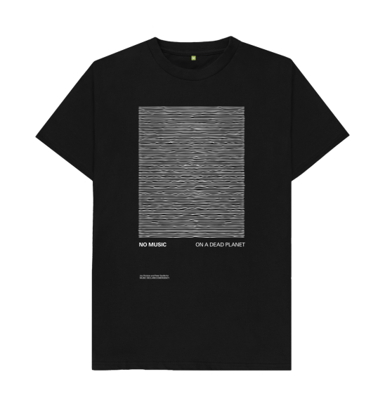 A black No Music on a Dead Planet T-shirt with Peter Saville’s flattened pulse-line design