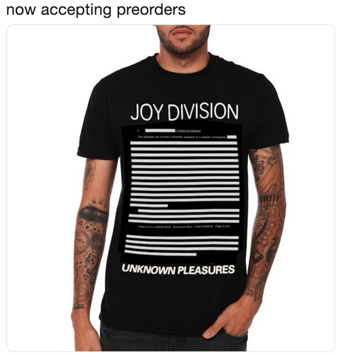 An internet mockup of a Joy Division shirt replacing the pulse stack with the white bars of a heavily redacted document